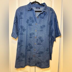 Penningtons - Summer Button-Up Denim Hawaiian Casual Blue Palm Tree Print Shirt